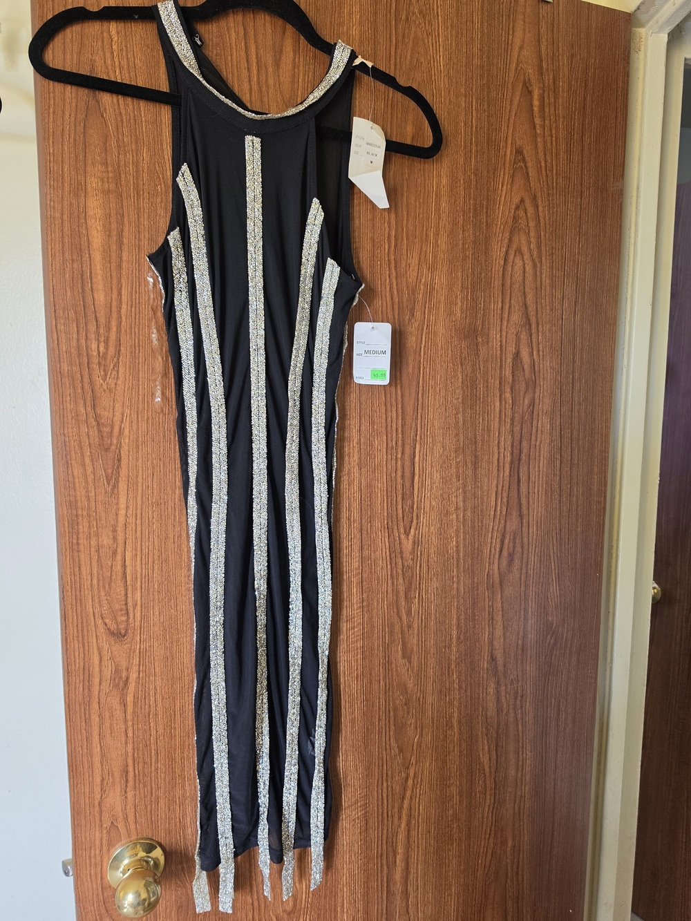 Black Sleeveless Dress with Silver Sequin Stripes